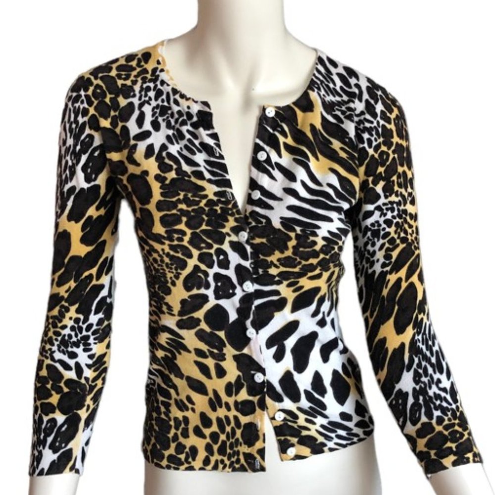Astrid Animal Print Stretch Cardigan Sweater 3/4 Sleeve Button Front S/M
